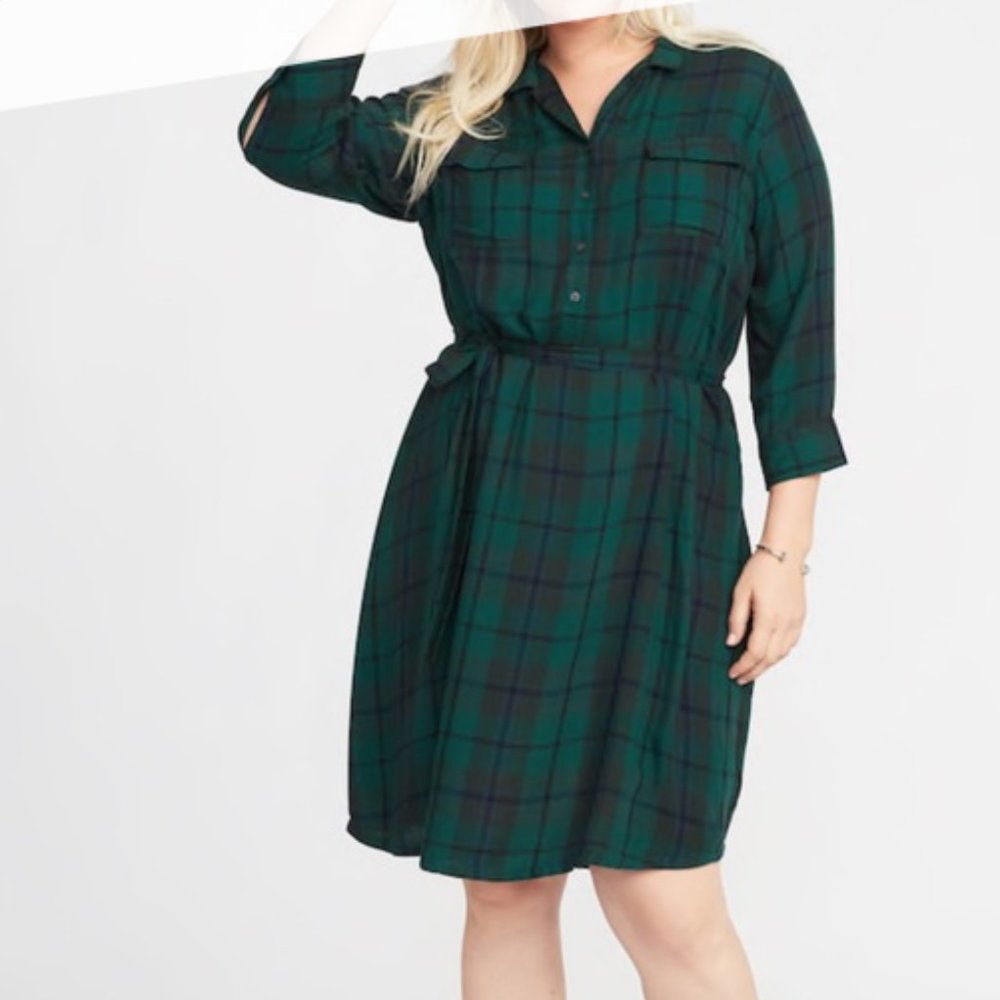 Casual Trendy Plaid Tie Belt Button V Neck Pop Over Shirt Dress Plus Size 2X